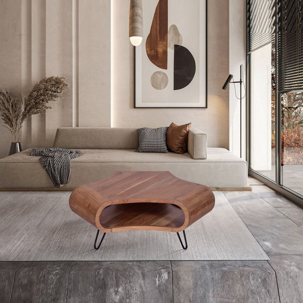 37 Inch Coffee Table, Handcrafted Curved Hexagon Shape with Open Shelf, Natural Brown Acacia Wood, Iron Legs By The Urban Port