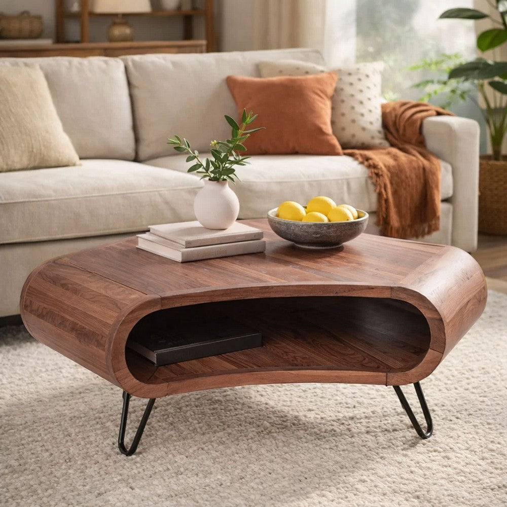 37 Inch Coffee Table, Handcrafted Curved Hexagon Shape with Open Shelf, Natural Brown Acacia Wood, Iron Legs By The Urban Port