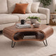 37 Inch Coffee Table, Handcrafted Curved Hexagon Shape with Open Shelf, Natural Brown Acacia Wood, Iron Legs By The Urban Port