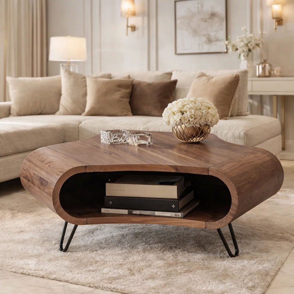 37 Inch Coffee Table, Handcrafted Curved Hexagon Shape with Open Shelf, Natural Brown Acacia Wood, Iron Legs By The Urban Port