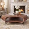 37 Inch Coffee Table, Handcrafted Curved Hexagon Shape with Open Shelf, Natural Brown Acacia Wood, Iron Legs By The Urban Port