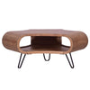 37 Inch Coffee Table, Handcrafted Curved Hexagon Shape with Open Shelf, Natural Brown Acacia Wood, Iron Legs By The Urban Port