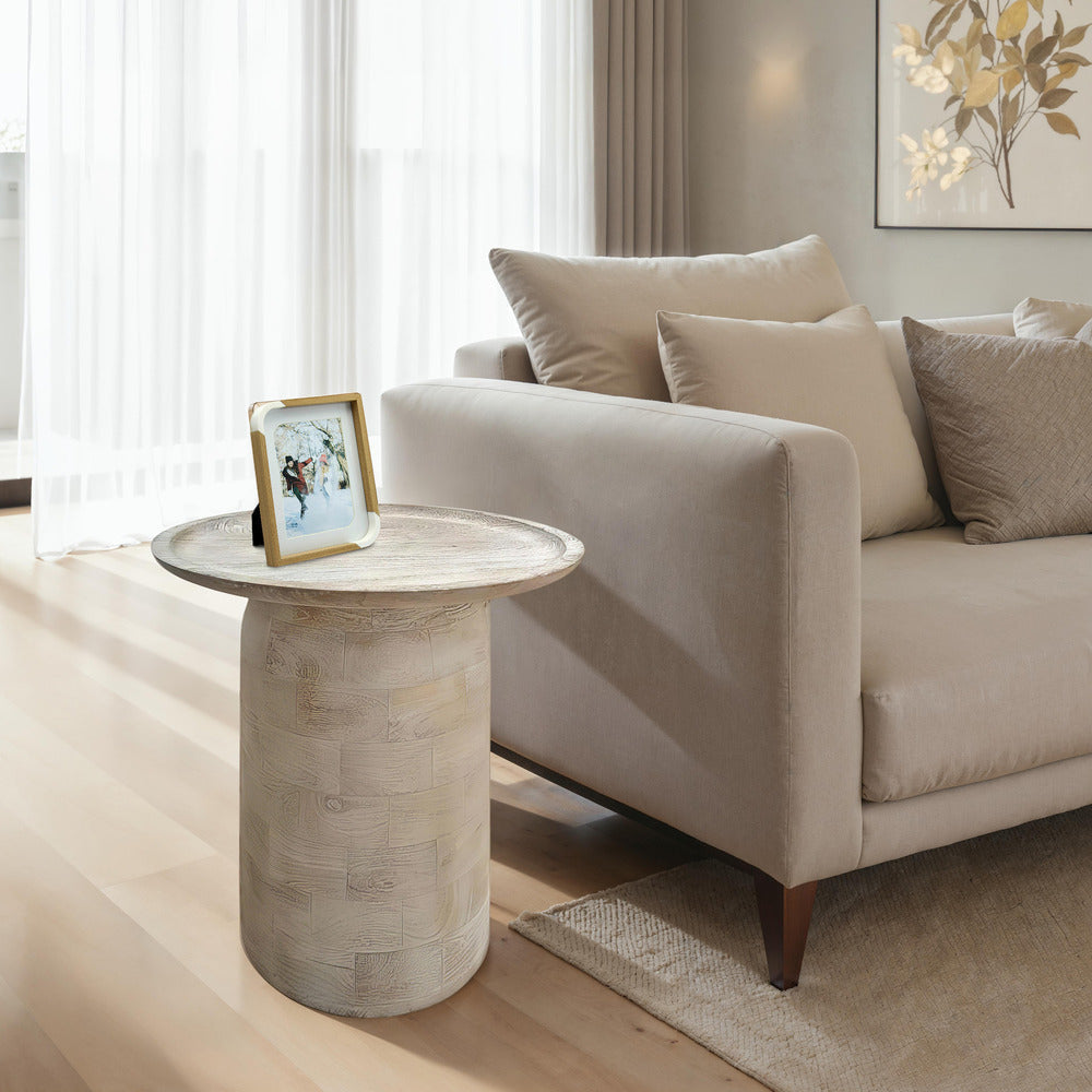 Joana Side End Table, Sandblasted Distressed White Mango Wood, 17 Inch Round Top By The Urban Port