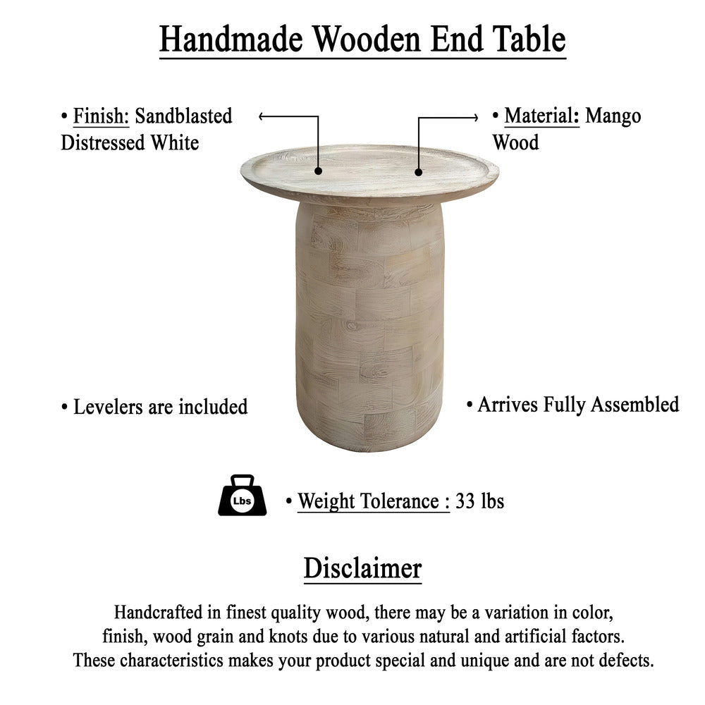 Joana Side End Table Sandblasted Distressed White Mango Wood 17 Inch Round Top By The Urban Port UPT-310274