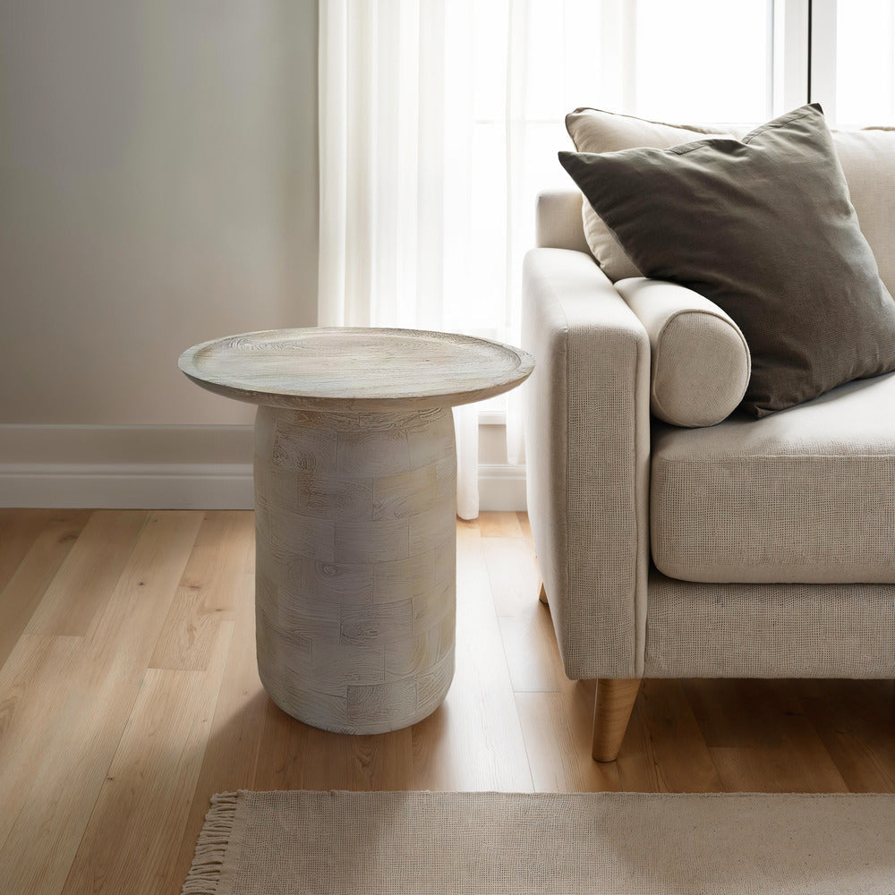 Joana Side End Table Sandblasted Distressed White Mango Wood 17 Inch Round Top By The Urban Port UPT-310274