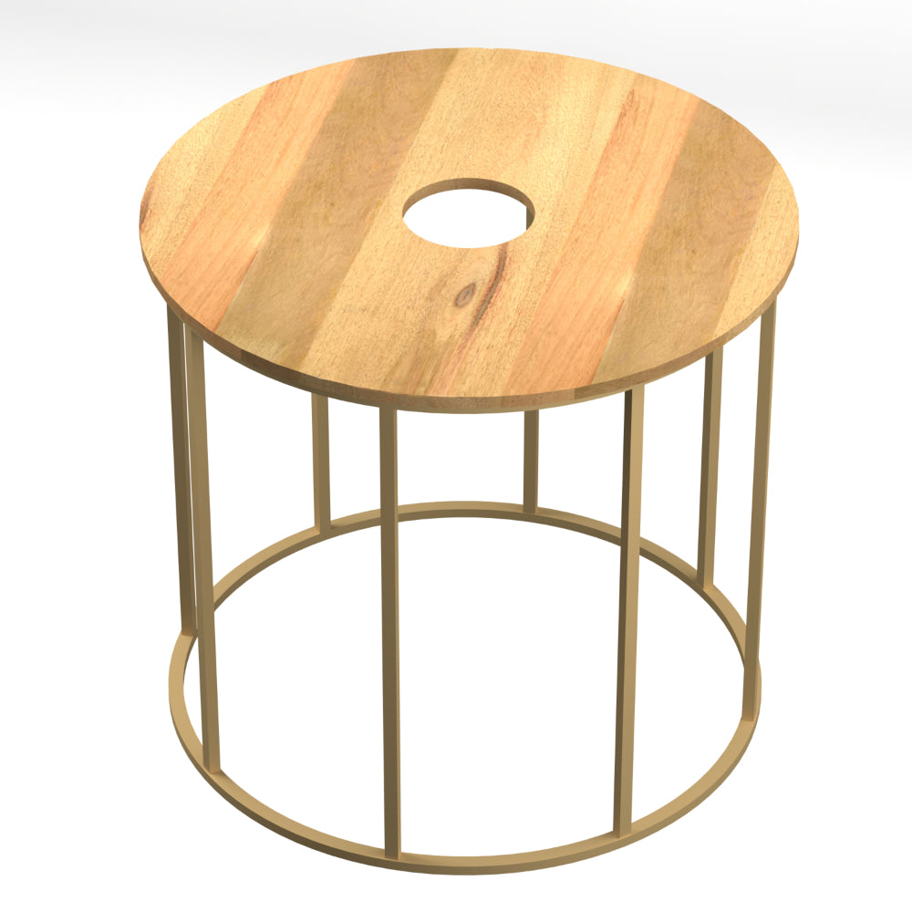 19 Inch Side End Table, O Round Shape Natural Mango Wood Top, Brass Powder Coated Open Frame  By The Urban Port