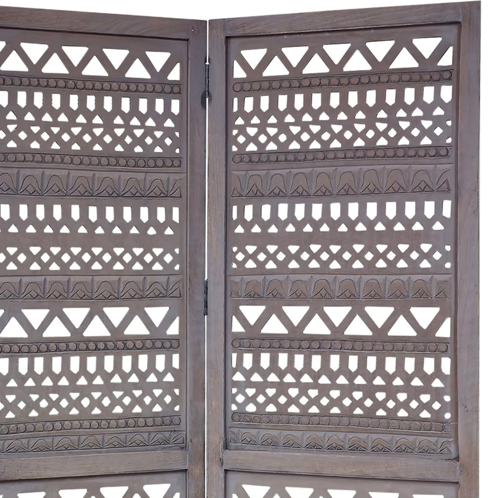 Karma 3 Panel Folding Room Divider Screen Antique Gray Mango Wood Inticate Cut out Geometric Design UPT-310988