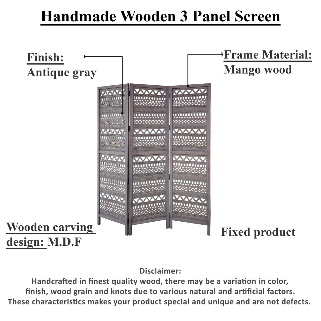 Karma 3 Panel Folding Room Divider Screen Antique Gray Mango Wood Inticate Cut out Geometric Design UPT-310988