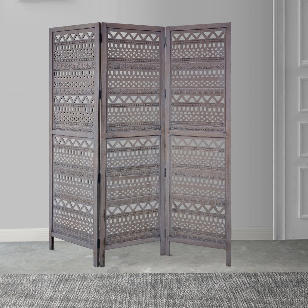 Karma 3 Panel Folding Room Divider Screen Antique Gray Mango Wood Inticate Cut out Geometric Design UPT-310988