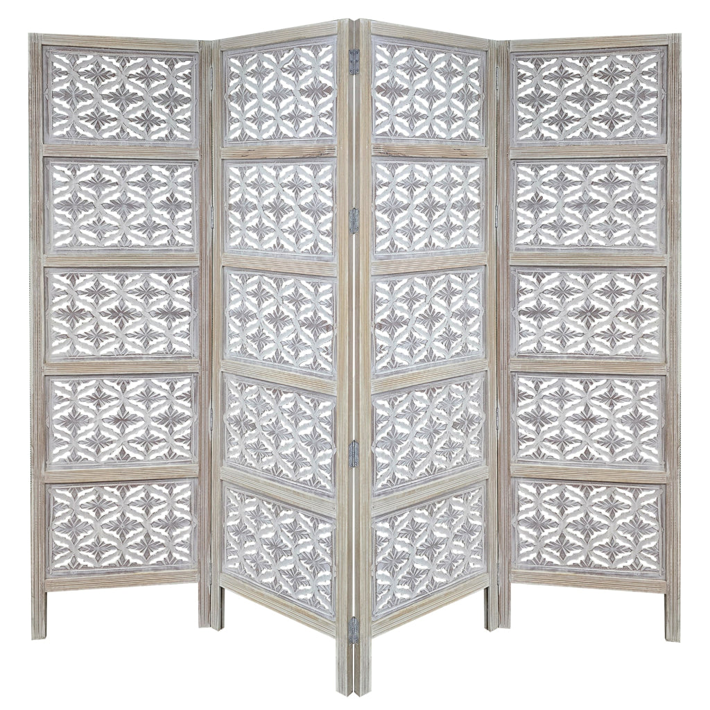 Taj 4 Panel Folding Room Divider Screen Antique White Mango Wood Floral Carved Design UPT-310989