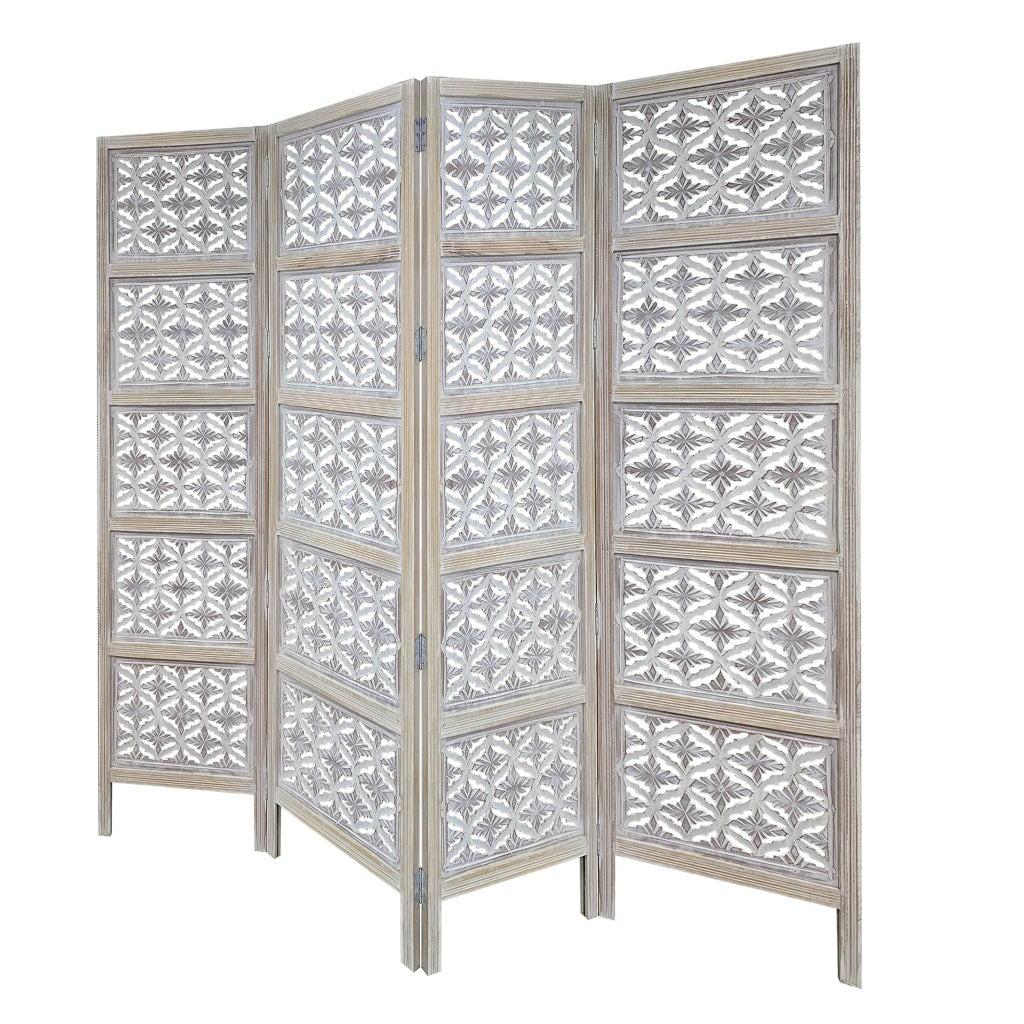 Taj 4 Panel Folding Room Divider Screen Antique White Mango Wood Floral Carved Design UPT-310989