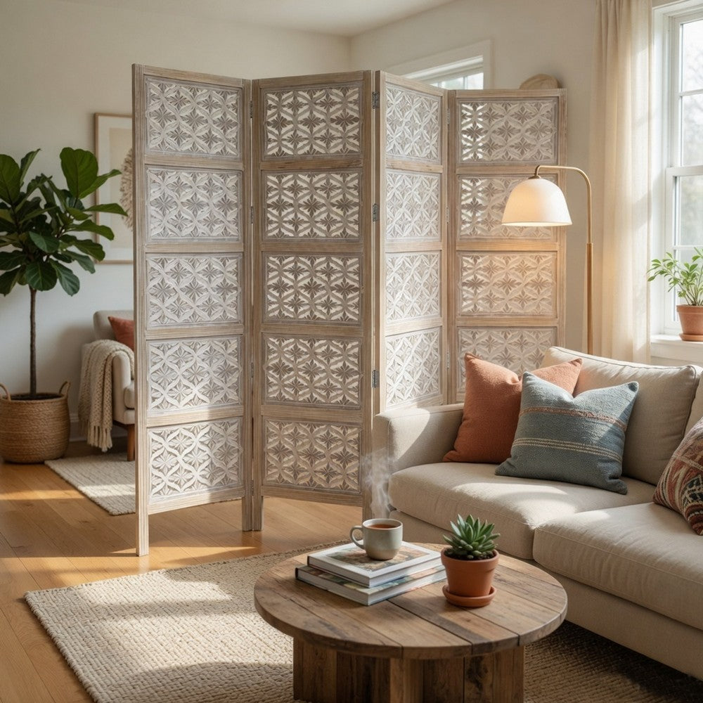 Taj 4 Panel Folding Room Divider Screen, Antique White Mango Wood, Floral Carved Design