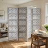 Taj 4 Panel Folding Room Divider Screen, Antique White Mango Wood, Floral Carved Design