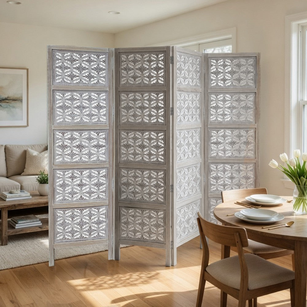 Taj 4 Panel Folding Room Divider Screen, Antique White Mango Wood, Floral Carved Design