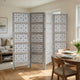 Taj 4 Panel Folding Room Divider Screen, Antique White Mango Wood, Floral Carved Design