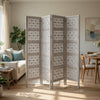 Taj 4 Panel Folding Room Divider Screen, Antique White Mango Wood, Floral Carved Design
