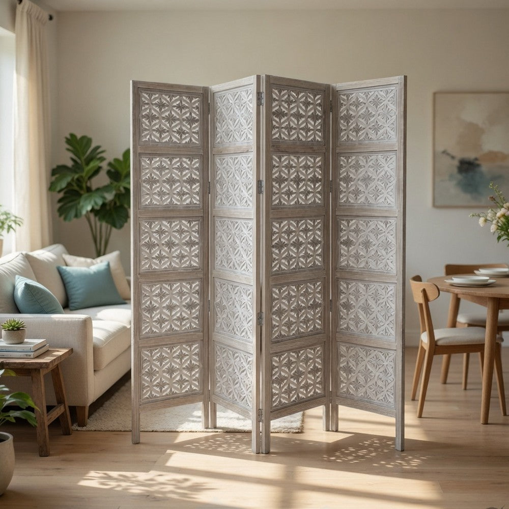 Taj 4 Panel Folding Room Divider Screen, Antique White Mango Wood, Floral Carved Design