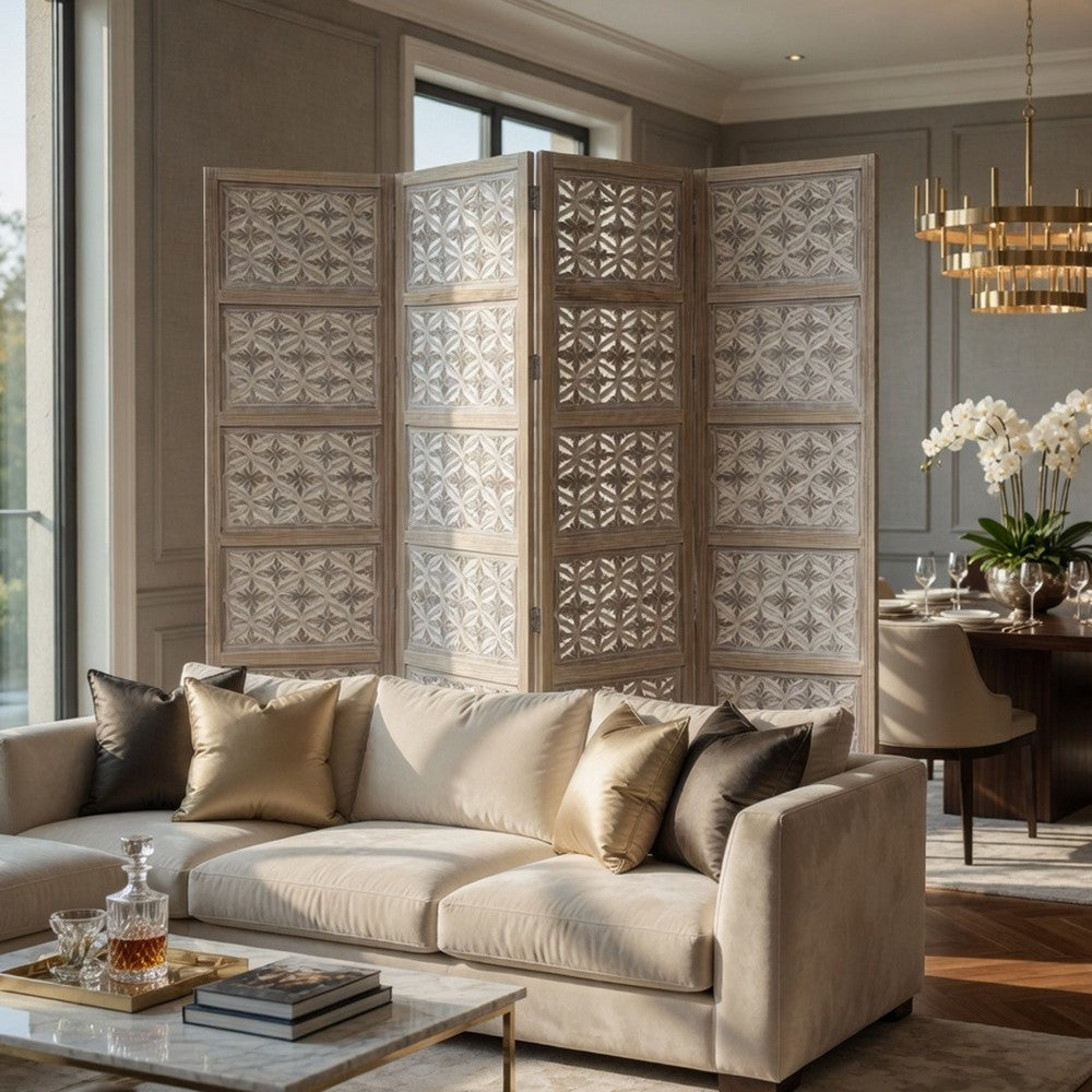 Taj 4 Panel Folding Room Divider Screen, Antique White Mango Wood, Floral Carved Design