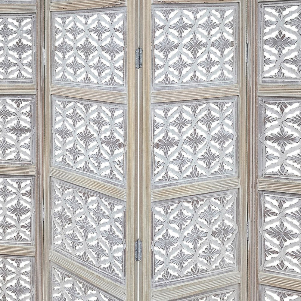 Taj 4 Panel Folding Room Divider Screen, Antique White Mango Wood, Floral Carved Design