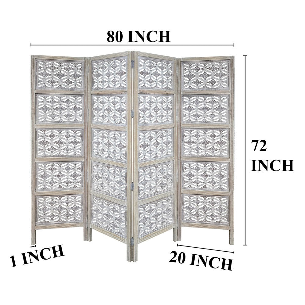 Taj 4 Panel Folding Room Divider Screen, Antique White Mango Wood, Floral Carved Design