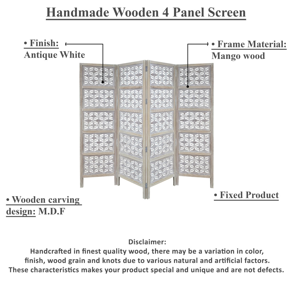 Taj 4 Panel Folding Room Divider Screen Antique White Mango Wood Floral Carved Design UPT-310989