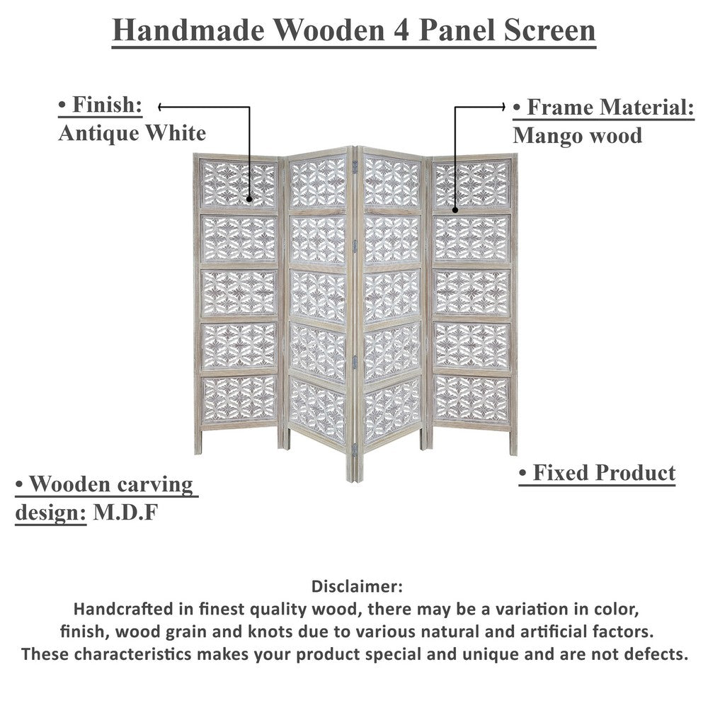 Taj 4 Panel Folding Room Divider Screen, Antique White Mango Wood, Floral Carved Design