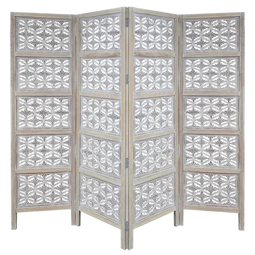 Taj 4 Panel Folding Room Divider Screen, Antique White Mango Wood, Floral Carved Design