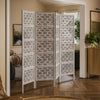 Taj 4 Panel Folding Room Divider Screen, Antique White Mango Wood, Floral Carved Design