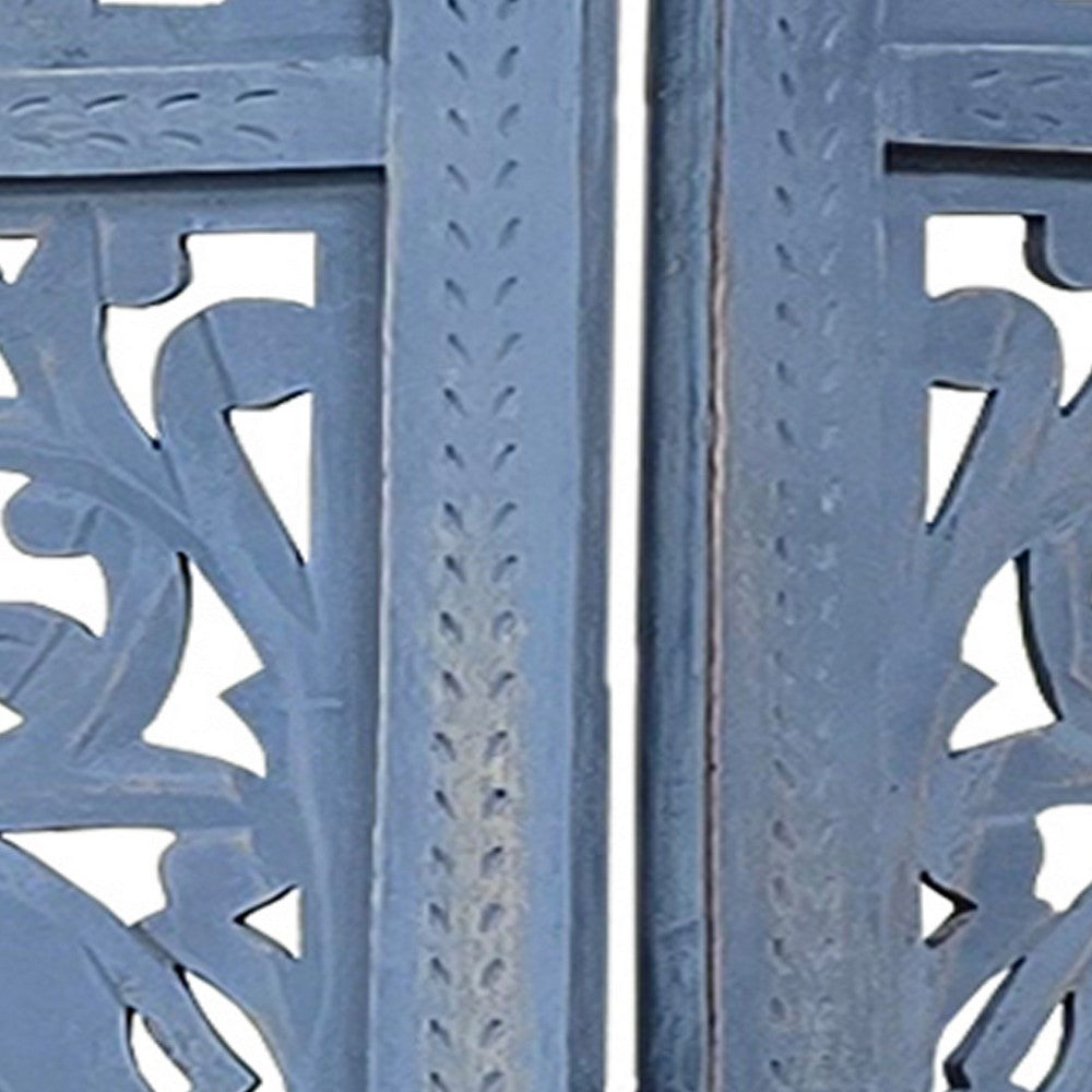 Jumbo 4 Panel Folding Room Divider Screen, Antique Blue Mango Wood, Elephant Motif Carved Design By The Urban Port