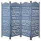 Jumbo 4 Panel Folding Room Divider Screen Antique Blue Mango Wood Elephant Motif Carved Design UPT-310990