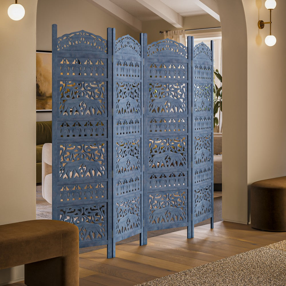 Jumbo 4 Panel Folding Room Divider Screen, Antique Blue Mango Wood, Elephant Motif Carved Design By The Urban Port