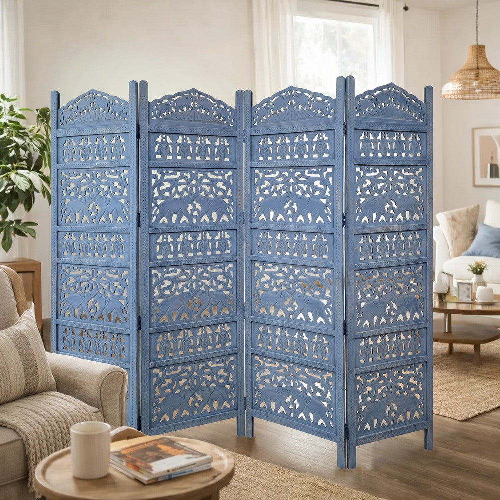 Jumbo 4 Panel Folding Room Divider Screen, Antique Blue Mango Wood, Elephant Motif Carved Design By The Urban Port