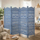 Jumbo 4 Panel Folding Room Divider Screen, Antique Blue Mango Wood, Elephant Motif Carved Design By The Urban Port