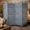 Jumbo 4 Panel Folding Room Divider Screen, Antique Blue Mango Wood, Elephant Motif Carved Design By The Urban Port