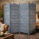 Jumbo 4 Panel Folding Room Divider Screen, Antique Blue Mango Wood, Elephant Motif Carved Design By The Urban Port
