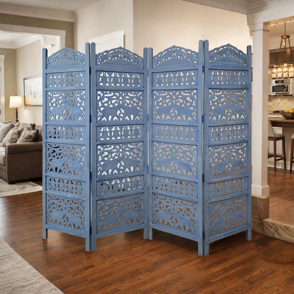 Jumbo 4 Panel Folding Room Divider Screen, Antique Blue Mango Wood, Elephant Motif Carved Design By The Urban Port