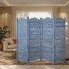 Jumbo 4 Panel Folding Room Divider Screen, Antique Blue Mango Wood, Elephant Motif Carved Design By The Urban Port