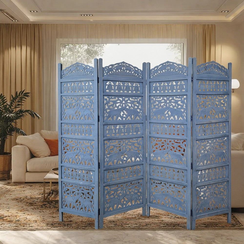 Jumbo 4 Panel Folding Room Divider Screen, Antique Blue Mango Wood, Elephant Motif Carved Design By The Urban Port