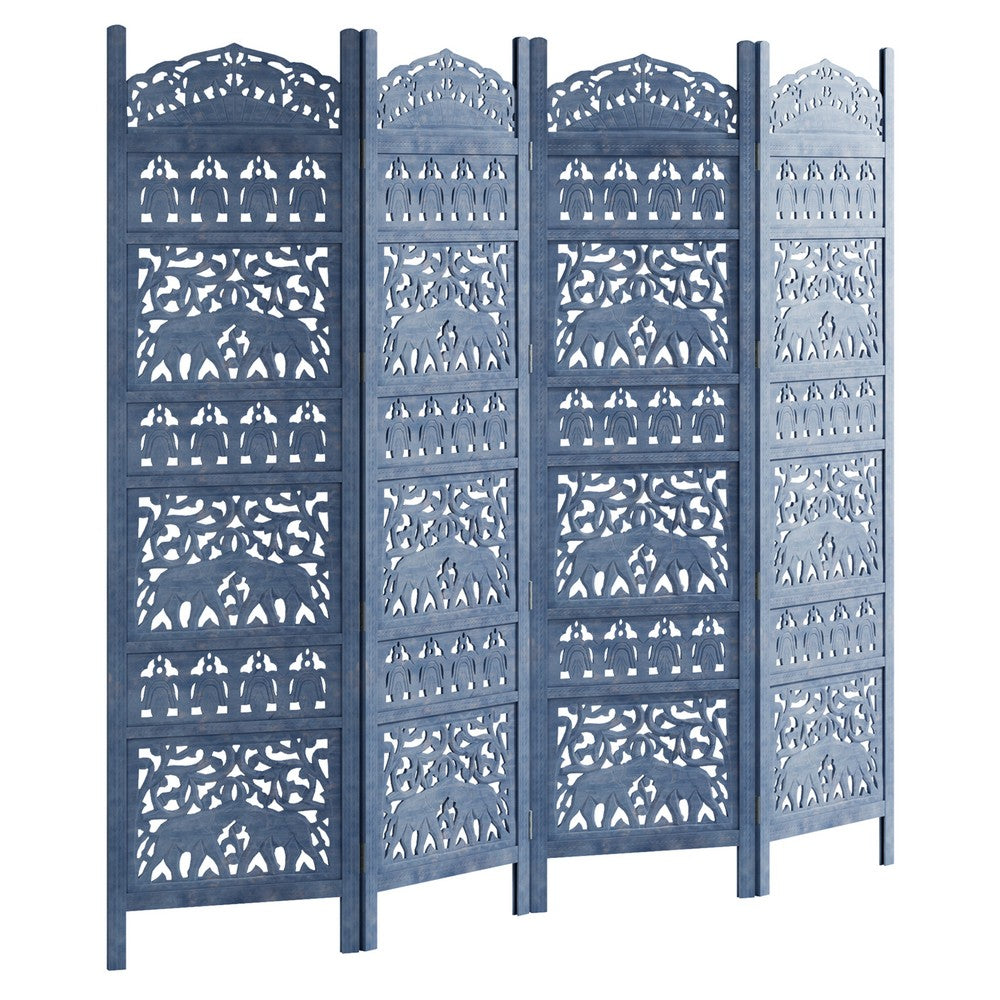Jumbo 4 Panel Folding Room Divider Screen, Antique Blue Mango Wood, Elephant Motif Carved Design By The Urban Port
