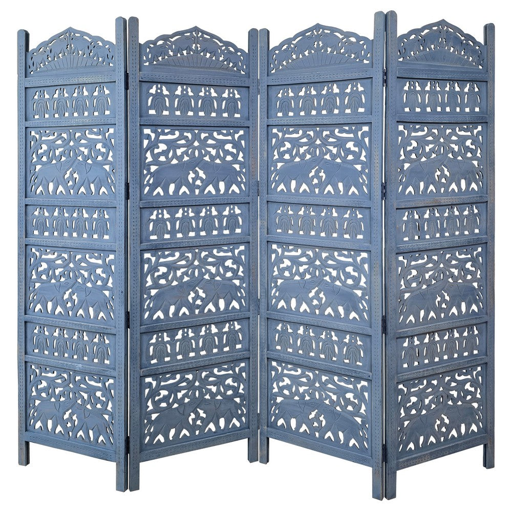 Jumbo 4 Panel Folding Room Divider Screen Antique Blue Mango Wood Elephant Motif Carved Design By The Urban Port UPT-310990