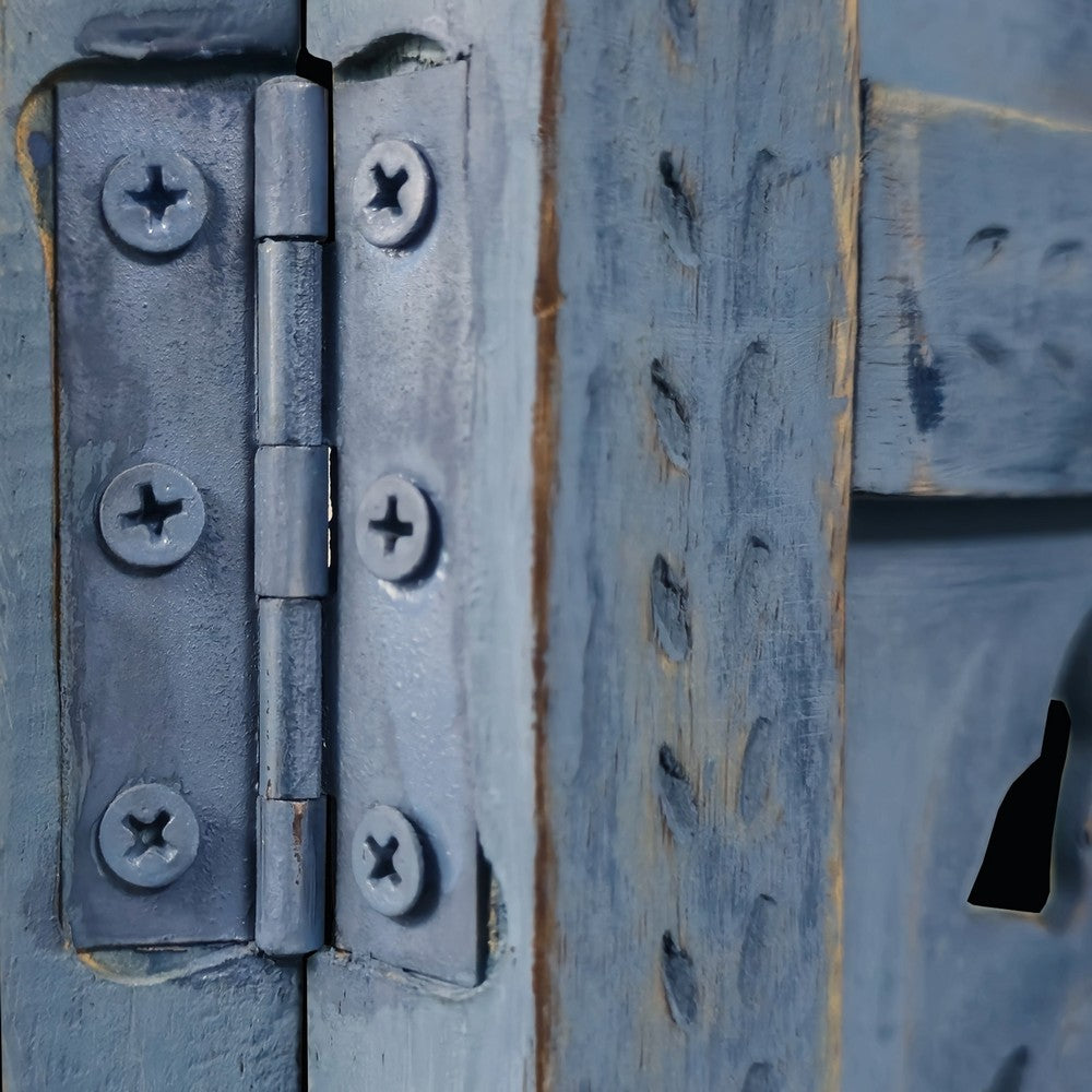 Jumbo 4 Panel Folding Room Divider Screen, Antique Blue Mango Wood, Elephant Motif Carved Design By The Urban Port