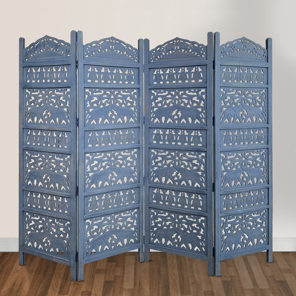 Jumbo 4 Panel Folding Room Divider Screen Antique Blue Mango Wood Elephant Motif Carved Design By The Urban Port UPT-310990
