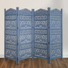 Jumbo 4 Panel Folding Room Divider Screen, Antique Blue Mango Wood, Elephant Motif Carved Design By The Urban Port