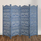 Jumbo 4 Panel Folding Room Divider Screen, Antique Blue Mango Wood, Elephant Motif Carved Design By The Urban Port
