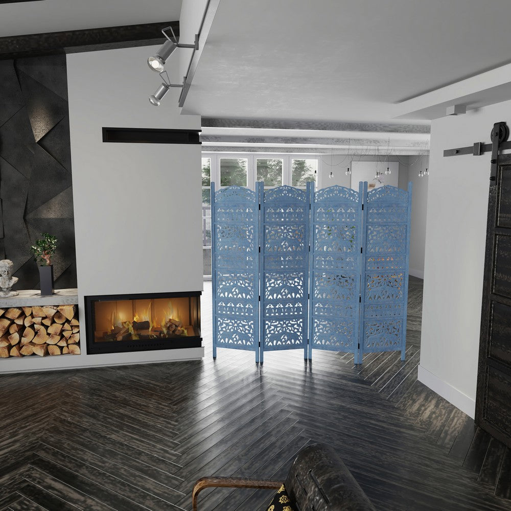 Jumbo 4 Panel Folding Room Divider Screen, Antique Blue Mango Wood, Elephant Motif Carved Design By The Urban Port