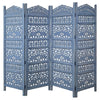 Jumbo 4 Panel Folding Room Divider Screen, Antique Blue Mango Wood, Elephant Motif Carved Design By The Urban Port