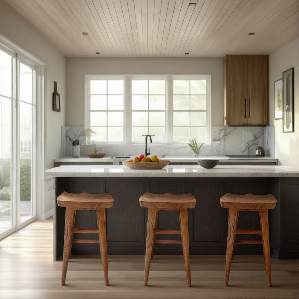 Tisa 29 Inch Backless Barstool Handcrafted Saddle Seat in Natural Brown Acacia Wood By The Urban Port UPT-314299