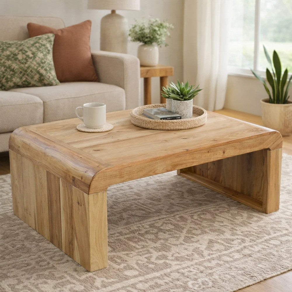Cascade 36 Inch Coffee Table, Handcrafted Natural Acacia Wood, Rectangular Curved Waterfall Top By The Urban Port