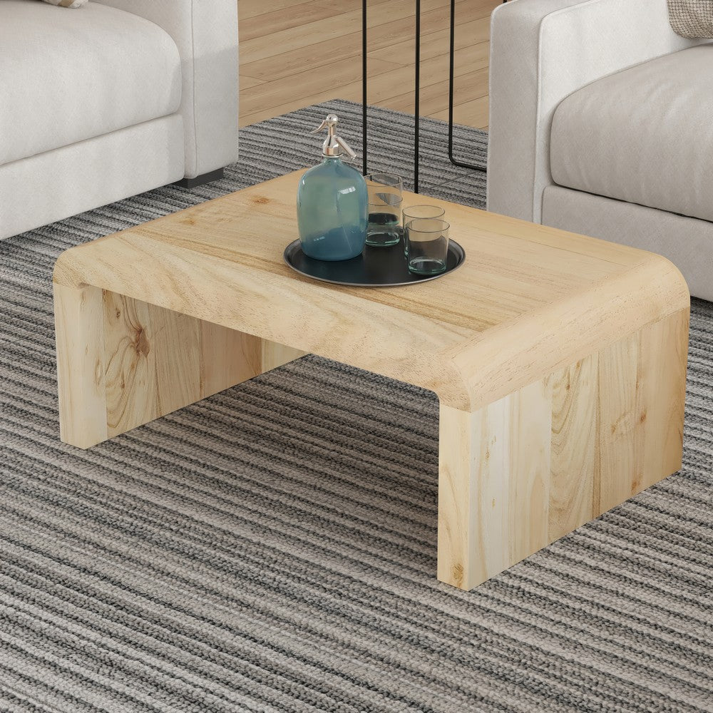 Cascade 36 Inch Coffee Table, Handcrafted Natural Acacia Wood, Rectangular Curved Waterfall Top By The Urban Port