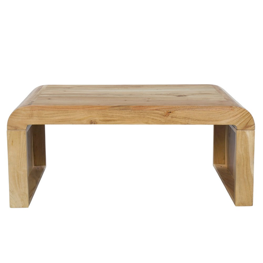 Cascade 36 Inch Coffee Table, Handcrafted Natural Acacia Wood, Rectangular Curved Waterfall Top By The Urban Port